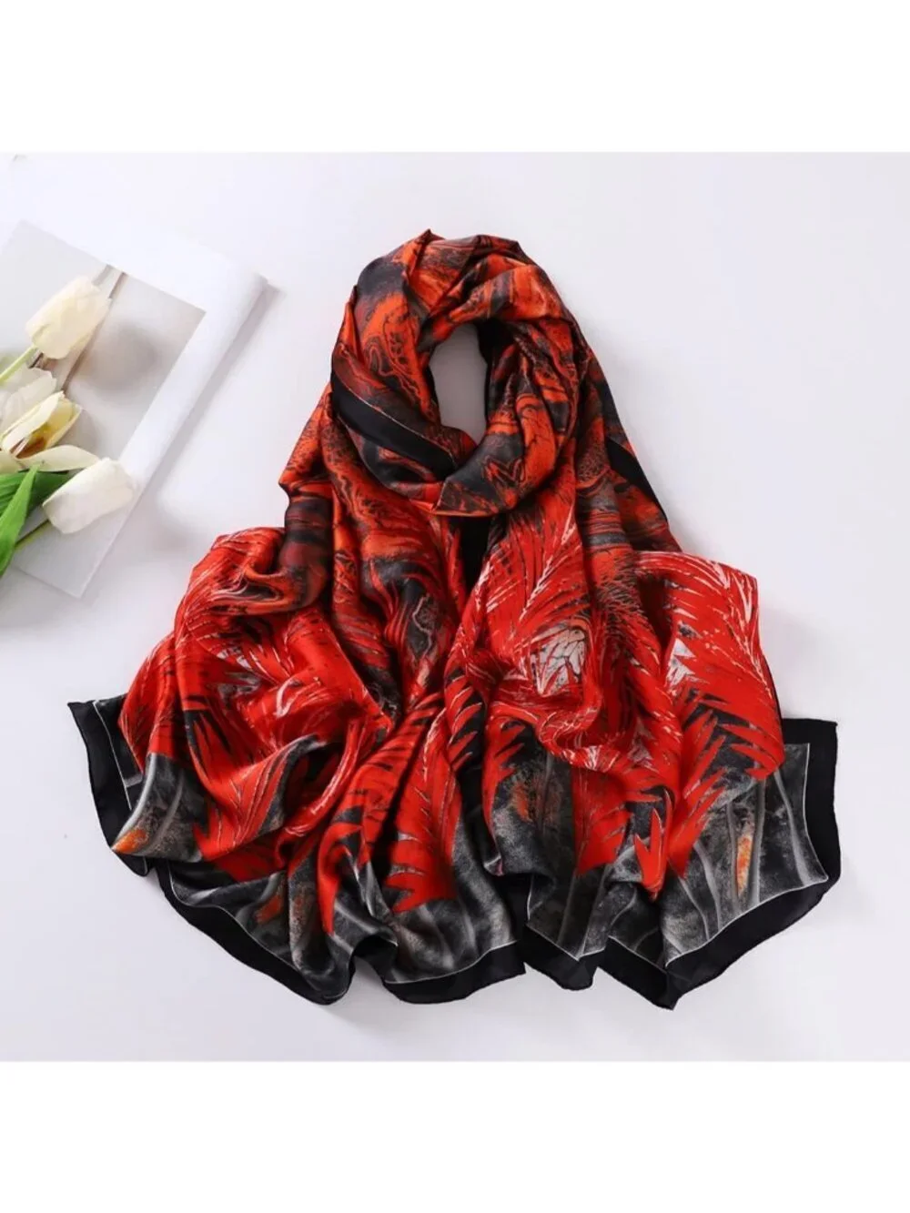 Women's Orange Black Light Silk Like Scarves Flower Print Head Cotton Wrap Scarf